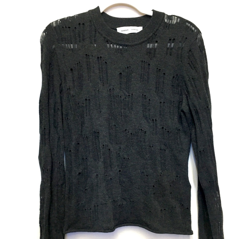 SAMSOE SAMSOE Louise Wool Cotton Sheer Fitted Sweater Medium Gray Edgy Grunge